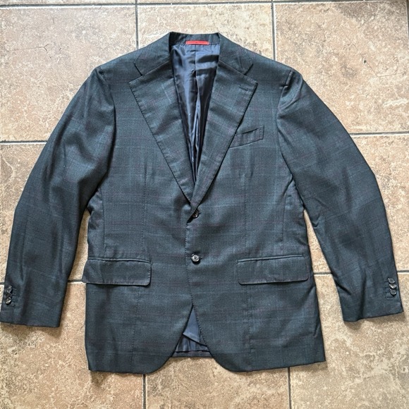 Isaia Napoli Sport Jacket Cashmere Silk Windowpane Charcoal Purple Blue 54R